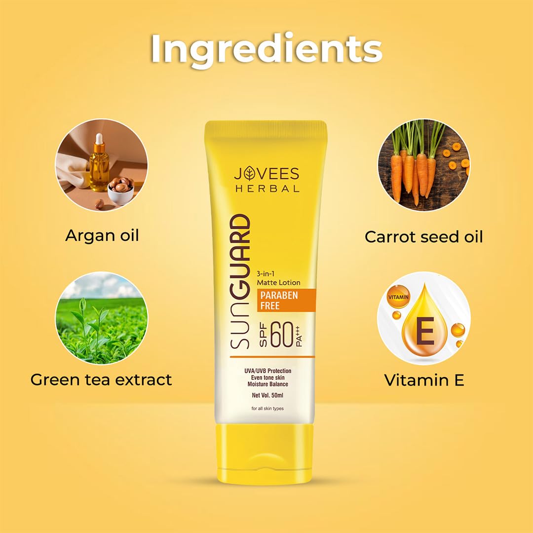 Jovees Herbal Sun Guard Lotion SPF 60 Pa+++ Broad Spectrum For All Skin | 3 in 1 Matte Lotion UVA/UVB Protection, Moisture Balance, Even Tone Skin For Women/Men 100ml