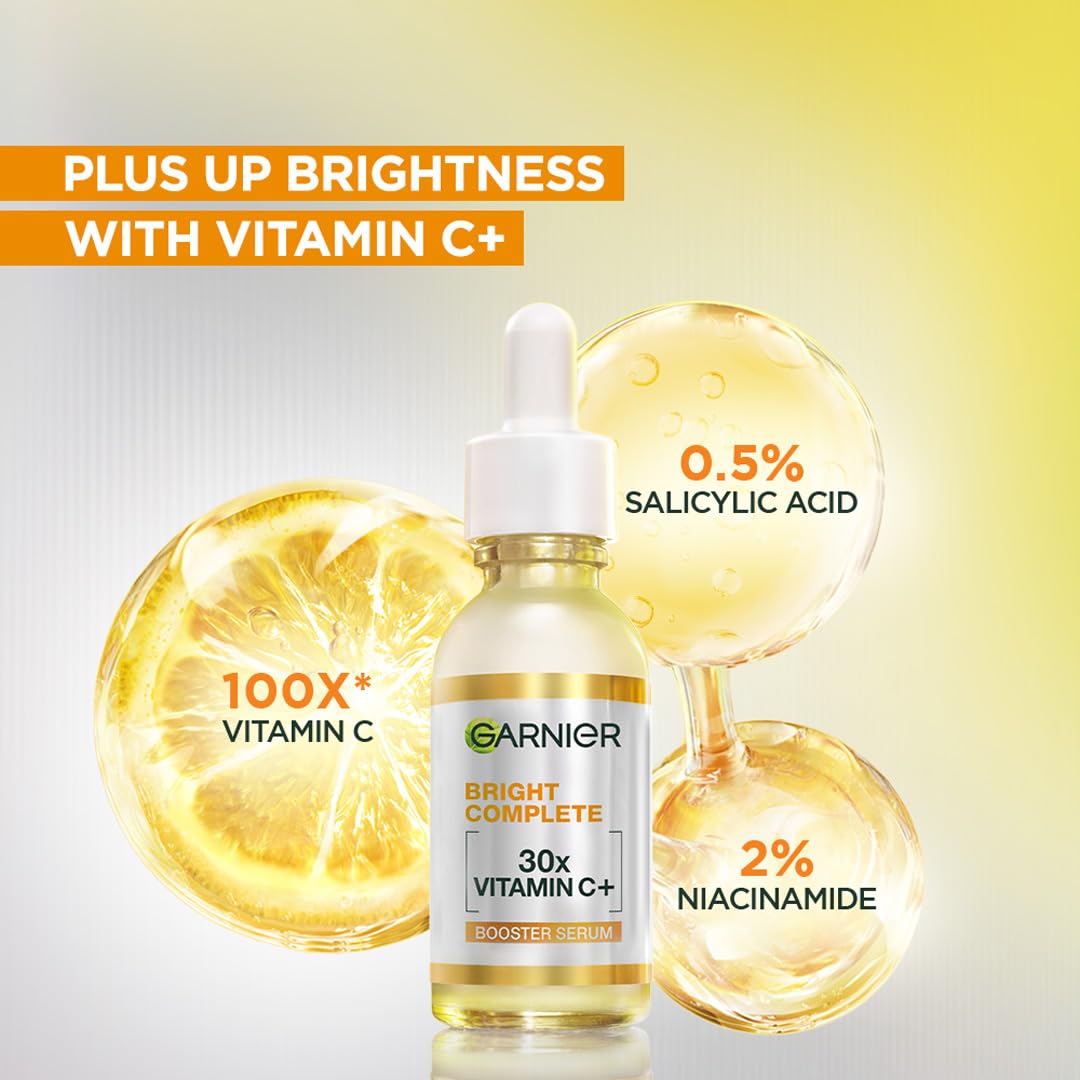 Garnier Vitamin C + Booster Face Serum For Skin Brightening and Anti-Dark Spots with 30X Vitamin C, 2% Niacinamide and BHA | Brighter Skin in Just 3 days | Suitable for Oily , Dry, Combination , Sensitive Skin | For Men and Women | 50ml
