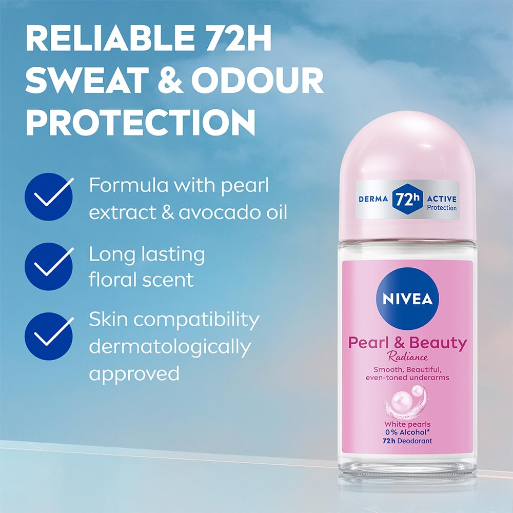 NIVEA Pearl and Beauty 50ml Deo Roll On | With Pearl Extracts & Avocado Oil| 72 H Smooth & Beautiful Underarms | 0% Alcohol | For Women