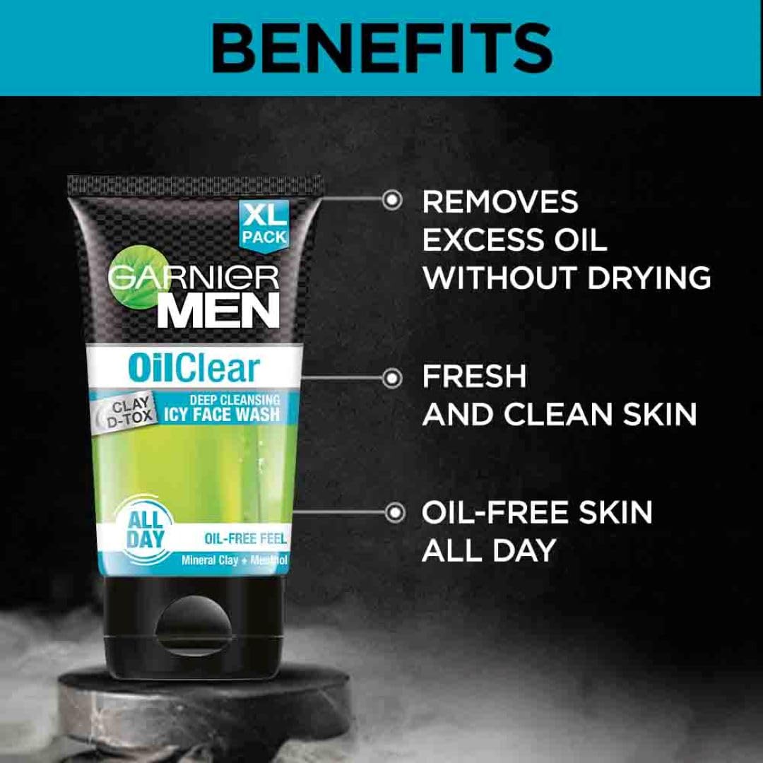 Garnier Men Oil Clear Clay D-Tox Deep Cleansing Icy Face Wash, 100gm