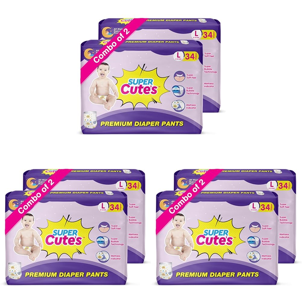 Super Cutes Premium Baby Diapers L Size 30 Count 9-14Kg,Medium34 counts,Small 40counts, XL 24 Counts , Super Soft and Rash Free Diaper Pants with 12 hrs Overnight Leakage Protection