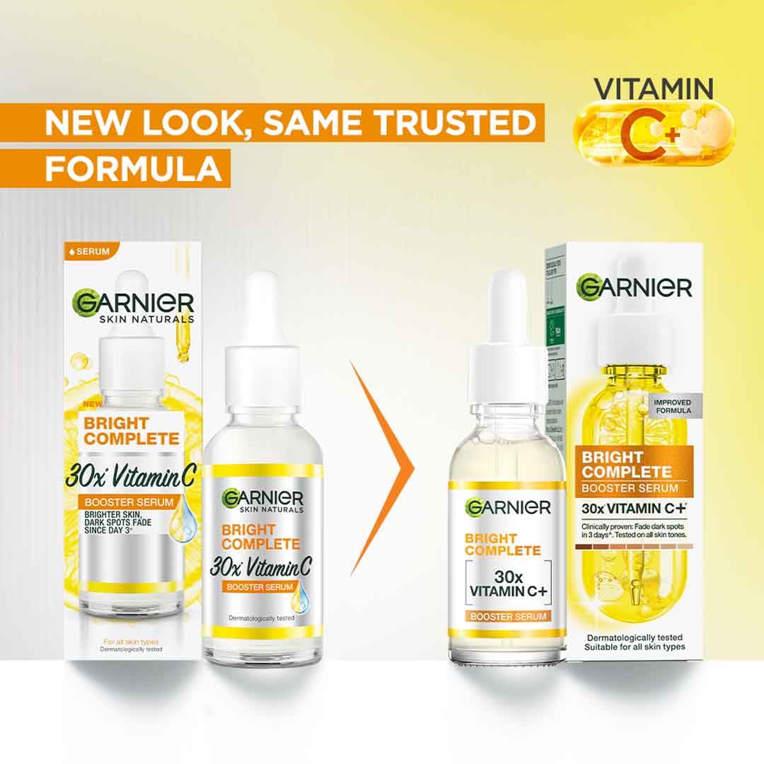 Garnier Vitamin C + Booster Face Serum For Skin Brightening and Anti-Dark Spots with 30X Vitamin C, 2% Niacinamide and BHA | Brighter Skin in Just 3 days | Suitable for Oily , Dry, Combination , Sensitive Skin | For Men and Women | 50ml