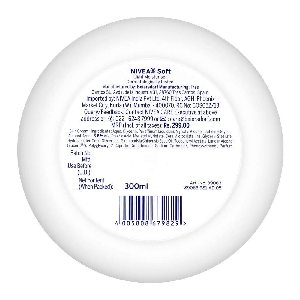 NIVEA Soft Light Moisturizer, 300 ml, for Face, Hand & Body, Non-Greasy Cream with Vitamin E & Jojoba Oil for Instant Hydration