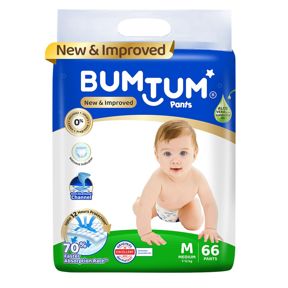 Bumtum Baby Diaper Pants, Medium Size, 66 Count, Double Layer Leakage Protection Infused With Aloe Vera, Cottony Soft High Absorb Technology (Pack of 1)