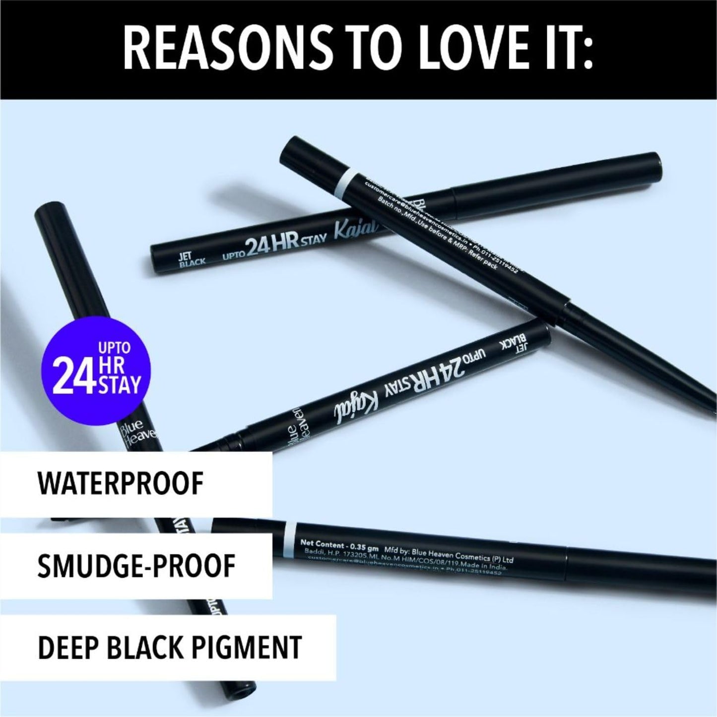 Blue Heaven 24Hr Stay Matte Pencil Kajal Black Waterproof, Deep Black, Long Lasting And Smudge Proof Eye Makeup, 0.30Gm