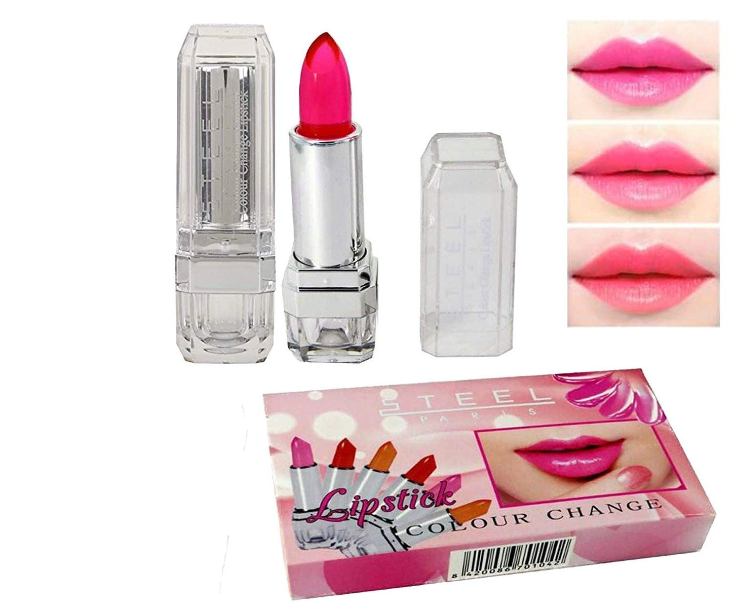 Steel Paris Shimmery Pink Colour Change gel Lipstick 3 pieces (1 Red, 1 Pink, 1 Orange)