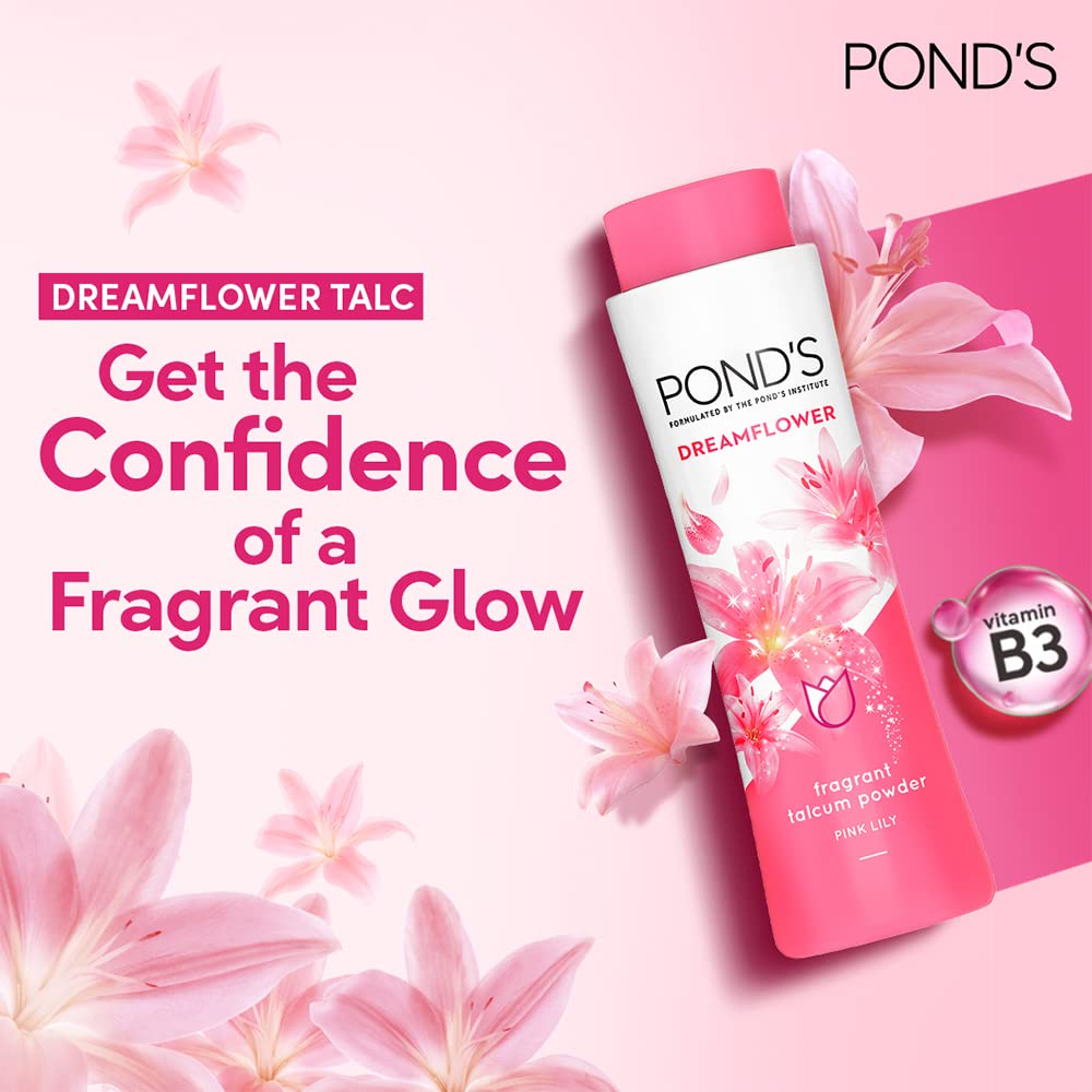 POND'S Dreamflower Pink Lily Fragrance Talcum Powder 400 g, Cooling Fresh Talc for Face & Body - For Men & Women