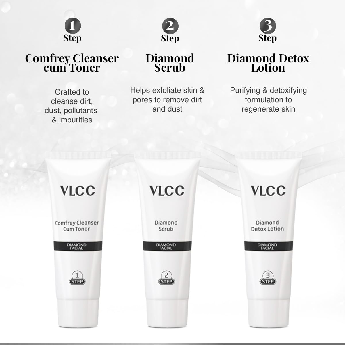 VLCC Diamond Facial Kit - 60g | Skin purifying with Parlour Glow | Improves Elasticity, Brightens and Lightens Patchy Damaged Skin | With Colloidal Diamond, Jojoba Oil, Olive Oil & Aloe Vera.
