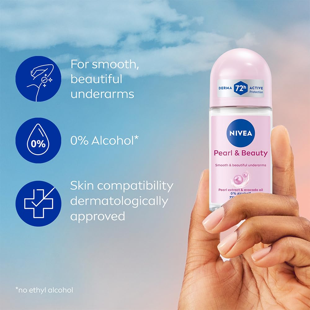 NIVEA Pearl and Beauty 50ml Deo Roll On | With Pearl Extracts & Avocado Oil| 72 H Smooth & Beautiful Underarms | 0% Alcohol | For Women