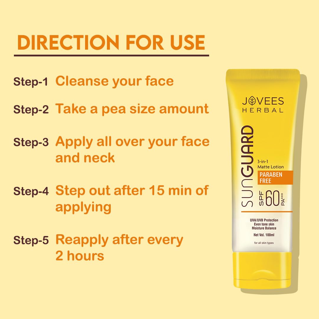 Jovees Herbal Sun Guard Lotion SPF 60 Pa+++ Broad Spectrum For All Skin | 3 in 1 Matte Lotion UVA/UVB Protection, Moisture Balance, Even Tone Skin For Women/Men 100ml
