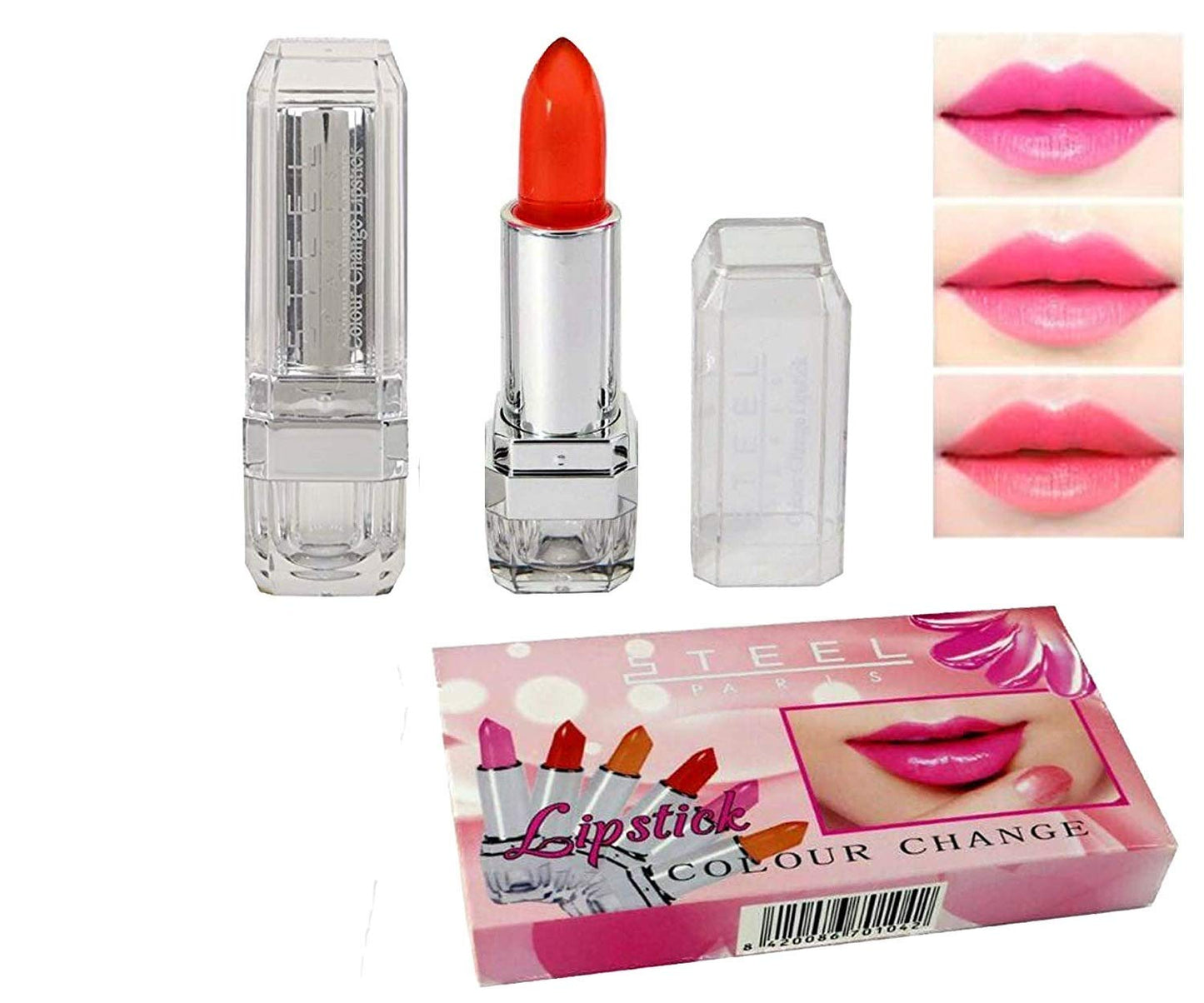 Steel Paris Shimmery Pink Colour Change gel Lipstick 3 pieces (1 Red, 1 Pink, 1 Orange)