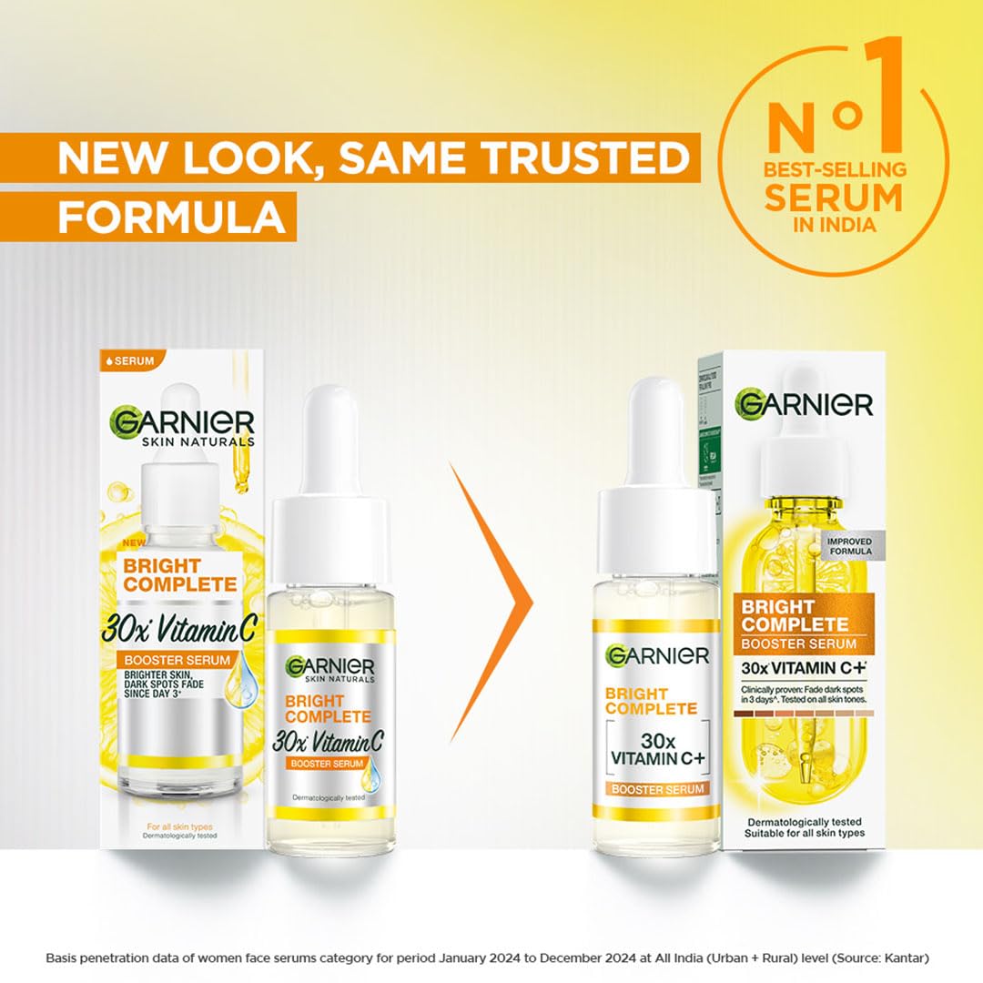 Garnier Vitamin C + Booster Face Serum For Skin Brightening and Anti-Dark Spots with 30X Vitamin C, 2% Niacinamide and BHA | Brighter Skin in Just 3 days | Suitable for Oily , Dry, Combination , Sensitive Skin | For Men and Women | 50ml