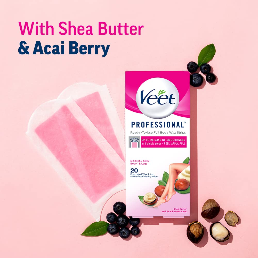 Veet Full Body Waxing Strips Kit for Normal Skin, 20 Strips