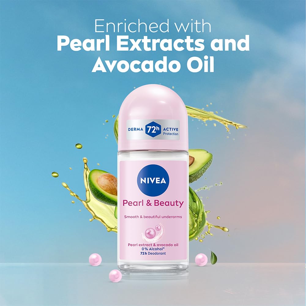 NIVEA Pearl and Beauty 50ml Deo Roll On | With Pearl Extracts & Avocado Oil| 72 H Smooth & Beautiful Underarms | 0% Alcohol | For Women