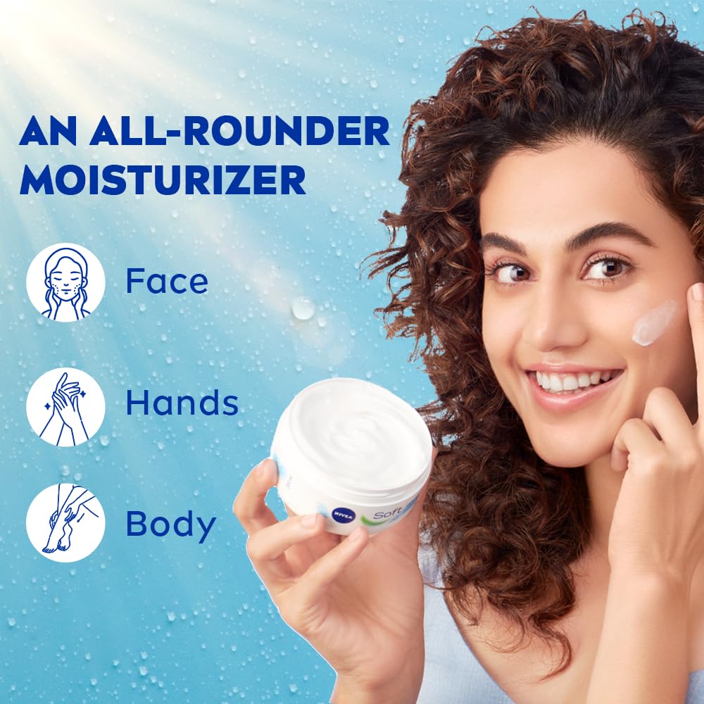 NIVEA Soft Light Moisturizer, 300 ml, for Face, Hand & Body, Non-Greasy Cream with Vitamin E & Jojoba Oil for Instant Hydration