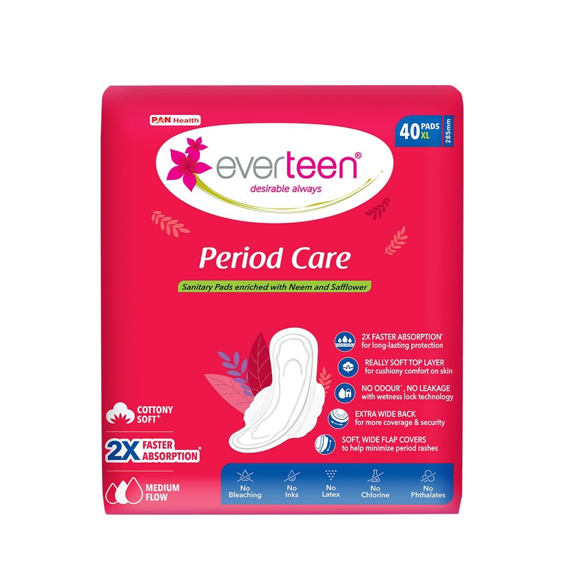 everteen Period Care XL Soft 40 Sanitary Pads Enriched with Neem and Safflower For Medium Flow - 1 Pack (40 Pads)