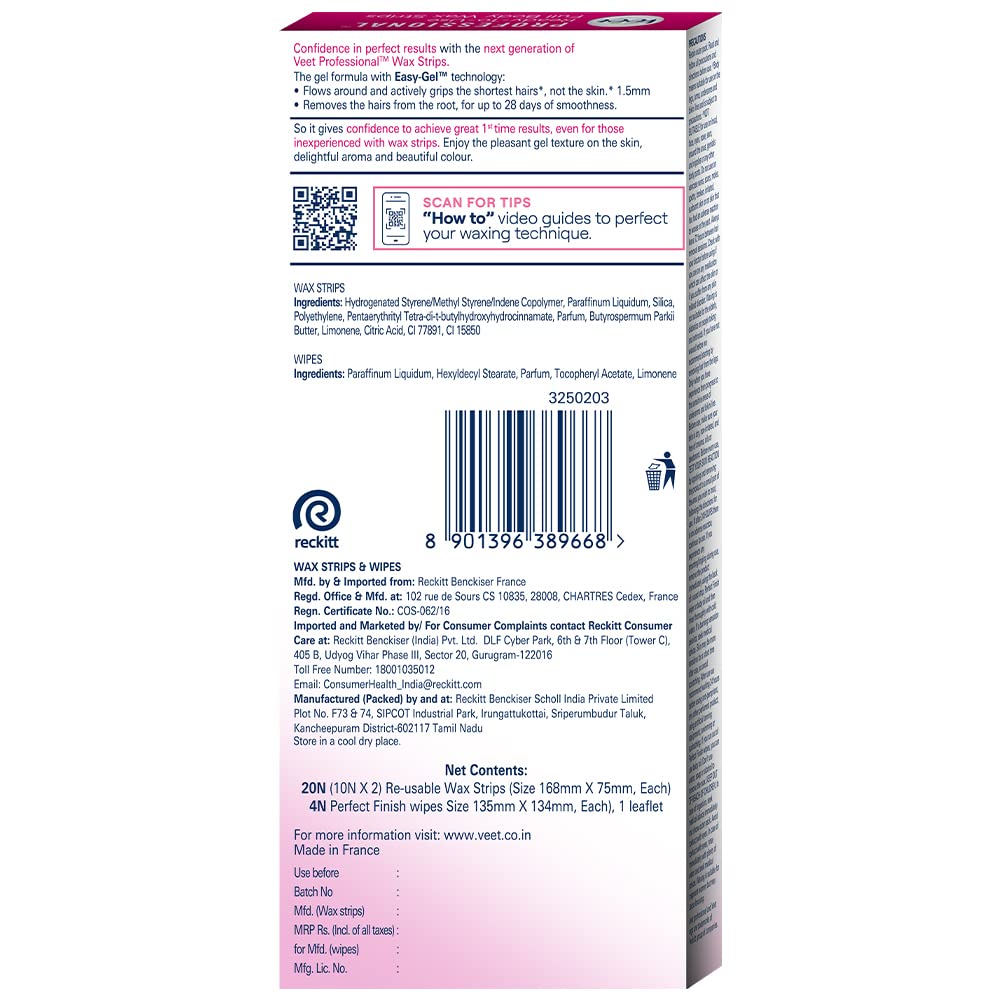 Veet Full Body Waxing Strips Kit for Normal Skin, 20 Strips