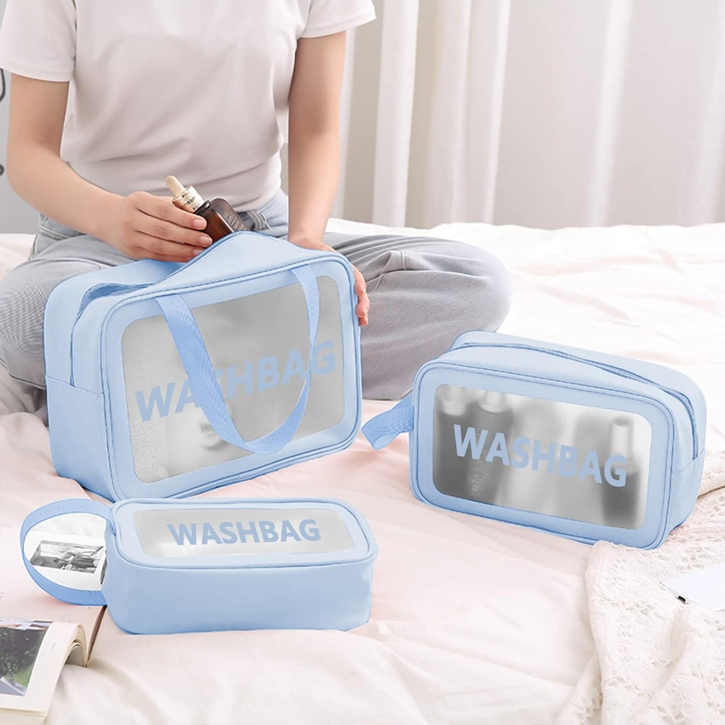 Niwlix Makeup Pouch Travel Toiletry Bag for Women Travel Pouch Cosmetic Makeup Bag Transparent Pouches for Women Set of 3 (Pink)