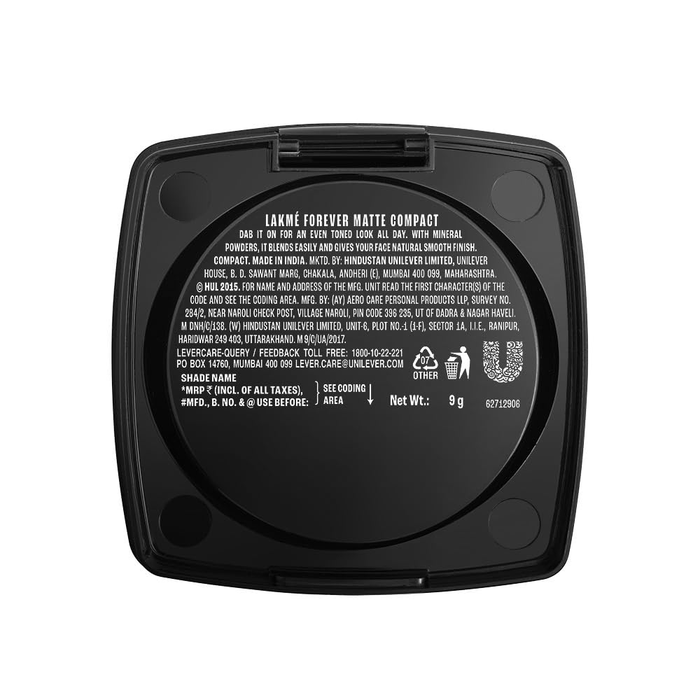LAKMÉ Forever Matte Compact, Smooth Finish For Normal Skin , Lasts For 12 Hrs, Even Toned Look, Shell, 9G, Black