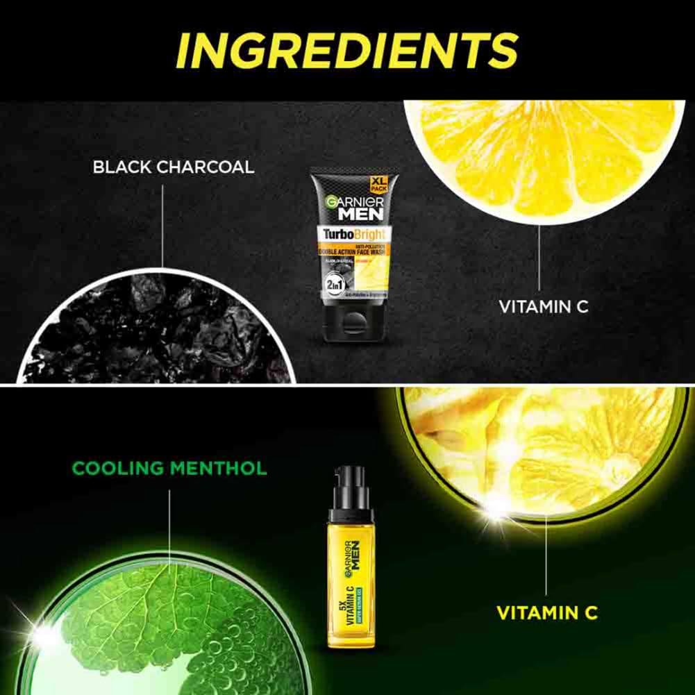 Garnier Men, Face Wash, Brightening & Anti-Pollution, TurboBright Double Action, 100 g