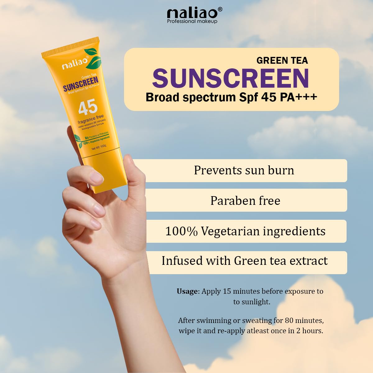 Maliao Professional Green Tea Sunscreen For All Skin Type Lotion - UV Protection, Radiant Skin, SPF 45 PA+++, 100% Vegetarian Ingredients, Non-Greasy.