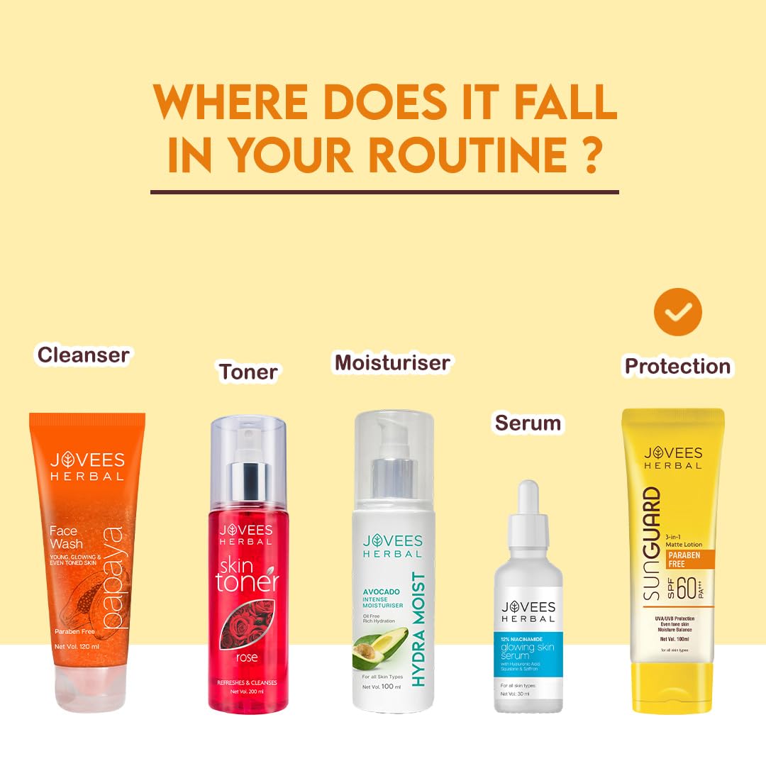 Jovees Herbal Sun Guard Lotion SPF 60 Pa+++ Broad Spectrum For All Skin | 3 in 1 Matte Lotion UVA/UVB Protection, Moisture Balance, Even Tone Skin For Women/Men 100ml