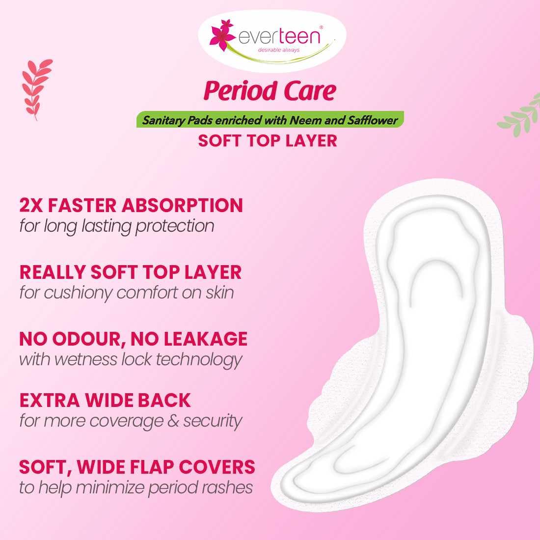 everteen Period Care XL Soft 40 Sanitary Pads Enriched with Neem and Safflower For Medium Flow - 1 Pack (40 Pads)