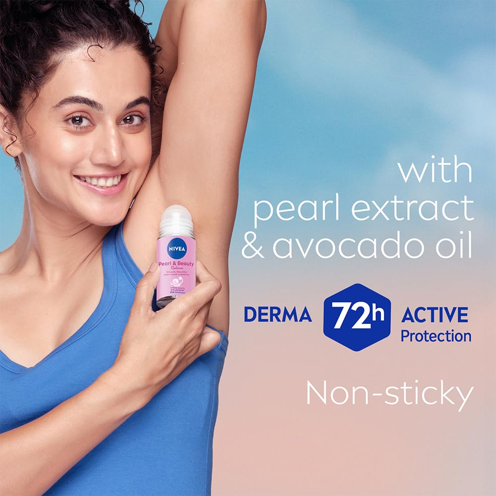 NIVEA Pearl and Beauty 50ml Deo Roll On | With Pearl Extracts & Avocado Oil| 72 H Smooth & Beautiful Underarms | 0% Alcohol | For Women
