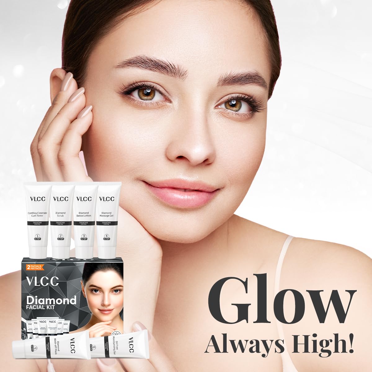 VLCC Diamond Facial Kit - 60g | Skin purifying with Parlour Glow | Improves Elasticity, Brightens and Lightens Patchy Damaged Skin | With Colloidal Diamond, Jojoba Oil, Olive Oil & Aloe Vera.