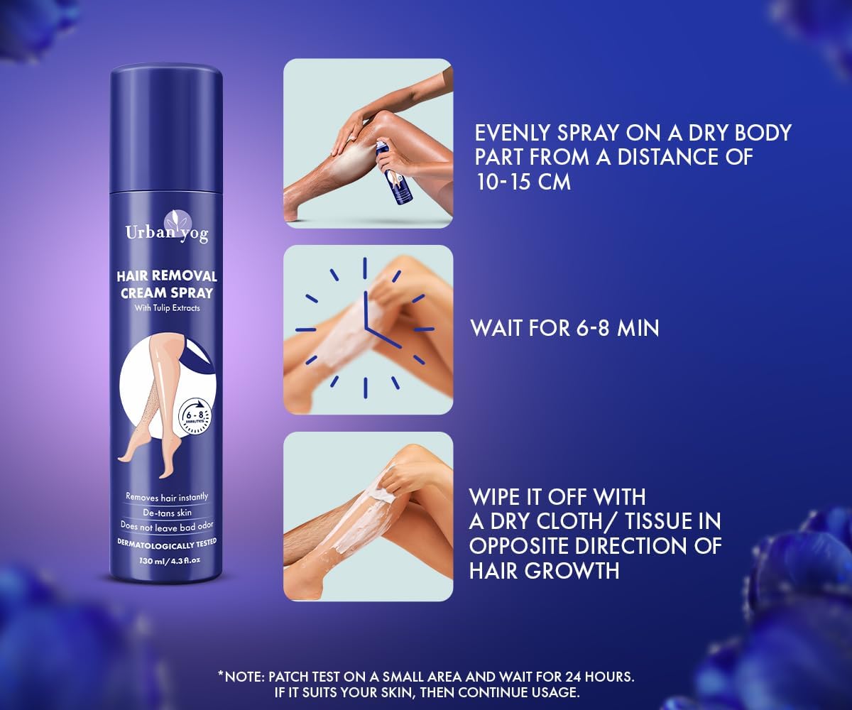 Urban yog Hair Removal Cream Spray for Women | Painless Body Hair Removal Spray for legs, hands, underarm & back (200 ML, Tulip (Blue))