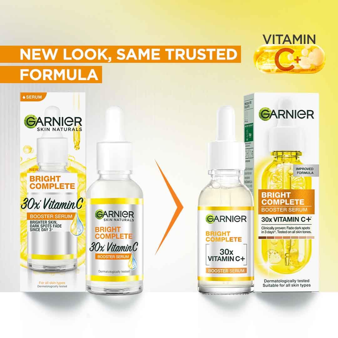 Garnier Vitamin C + Booster Face Serum For Skin Brightening and Anti-Dark Spots with 30X Vitamin C, 2% Niacinamide and BHA | Brighter Skin in Just 3 days | Suitable for Oily , Dry, Combination , Sensitive Skin | For Men and Women | 50ml