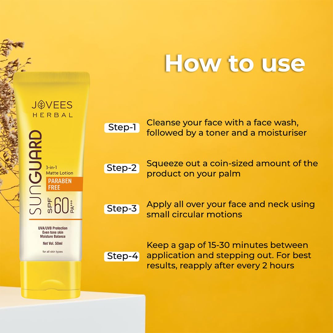 Jovees Herbal Sun Guard Lotion SPF 60 Pa+++ Broad Spectrum For All Skin | 3 in 1 Matte Lotion UVA/UVB Protection, Moisture Balance, Even Tone Skin For Women/Men 100ml