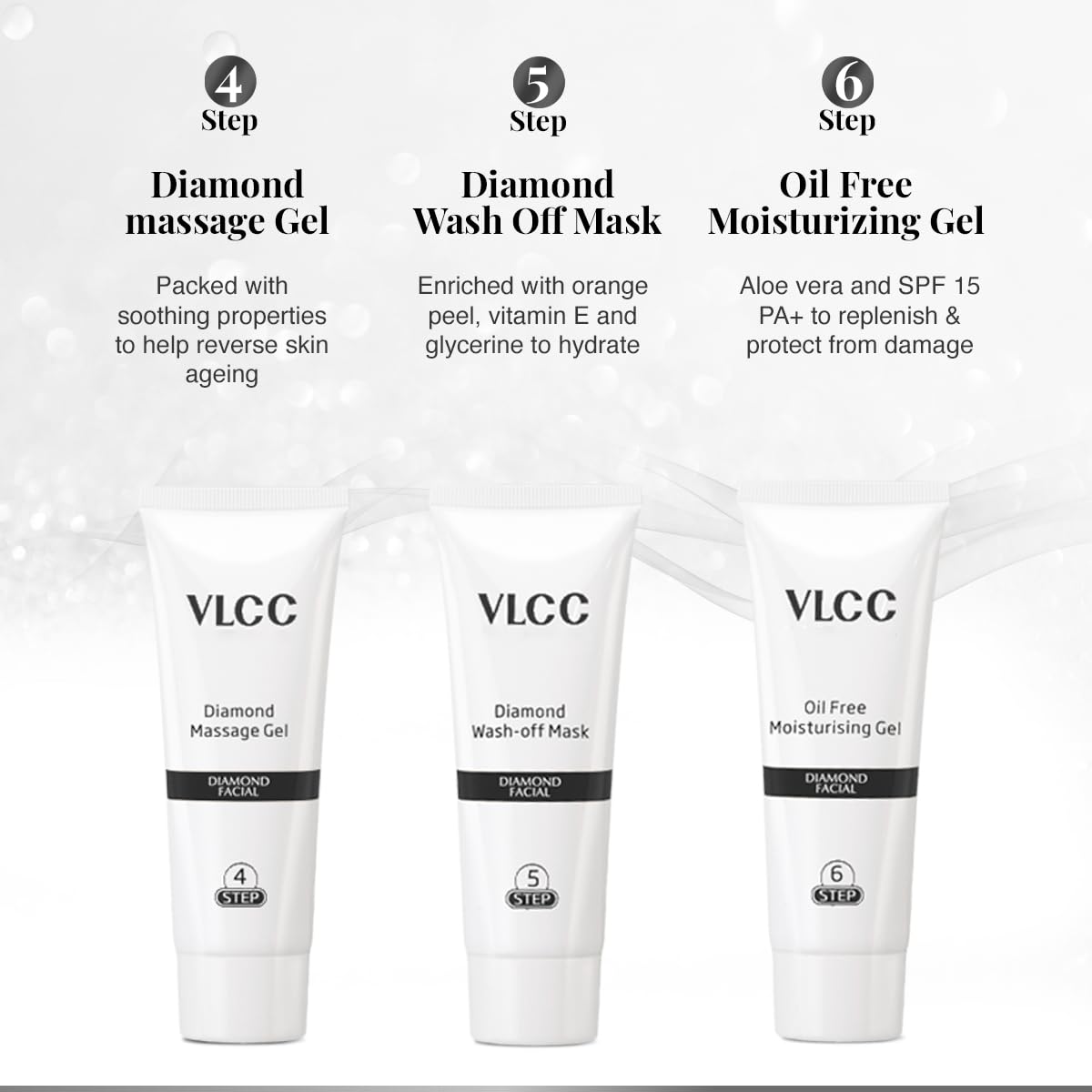 VLCC Diamond Facial Kit - 60g | Skin purifying with Parlour Glow | Improves Elasticity, Brightens and Lightens Patchy Damaged Skin | With Colloidal Diamond, Jojoba Oil, Olive Oil & Aloe Vera.