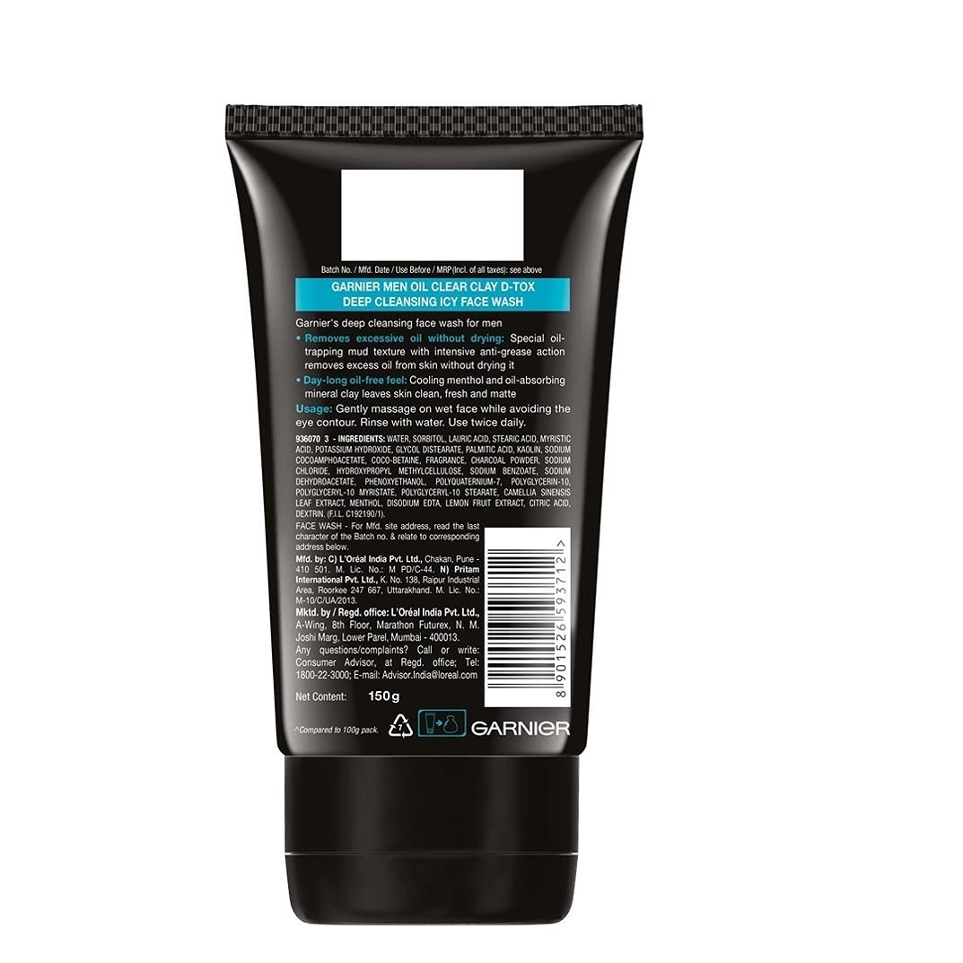 Garnier Men Oil Clear Clay D-Tox Deep Cleansing Icy Face Wash, 100gm