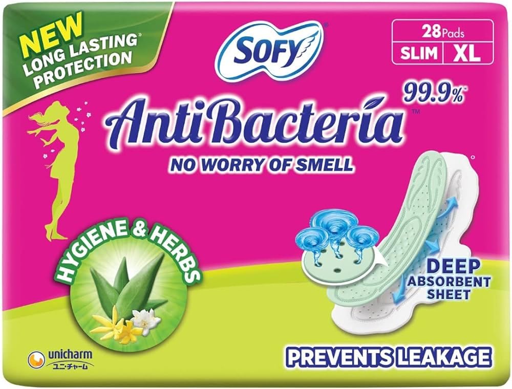 Sofy Anti-Bacteria Sanitary Pads (XL+ Size - 290 mm) 28 Pads - 6 layer deep absorption & Herbal Shield for Bacterial Protection, Soft on skin with comfy dry top sheet (Pack of 1)