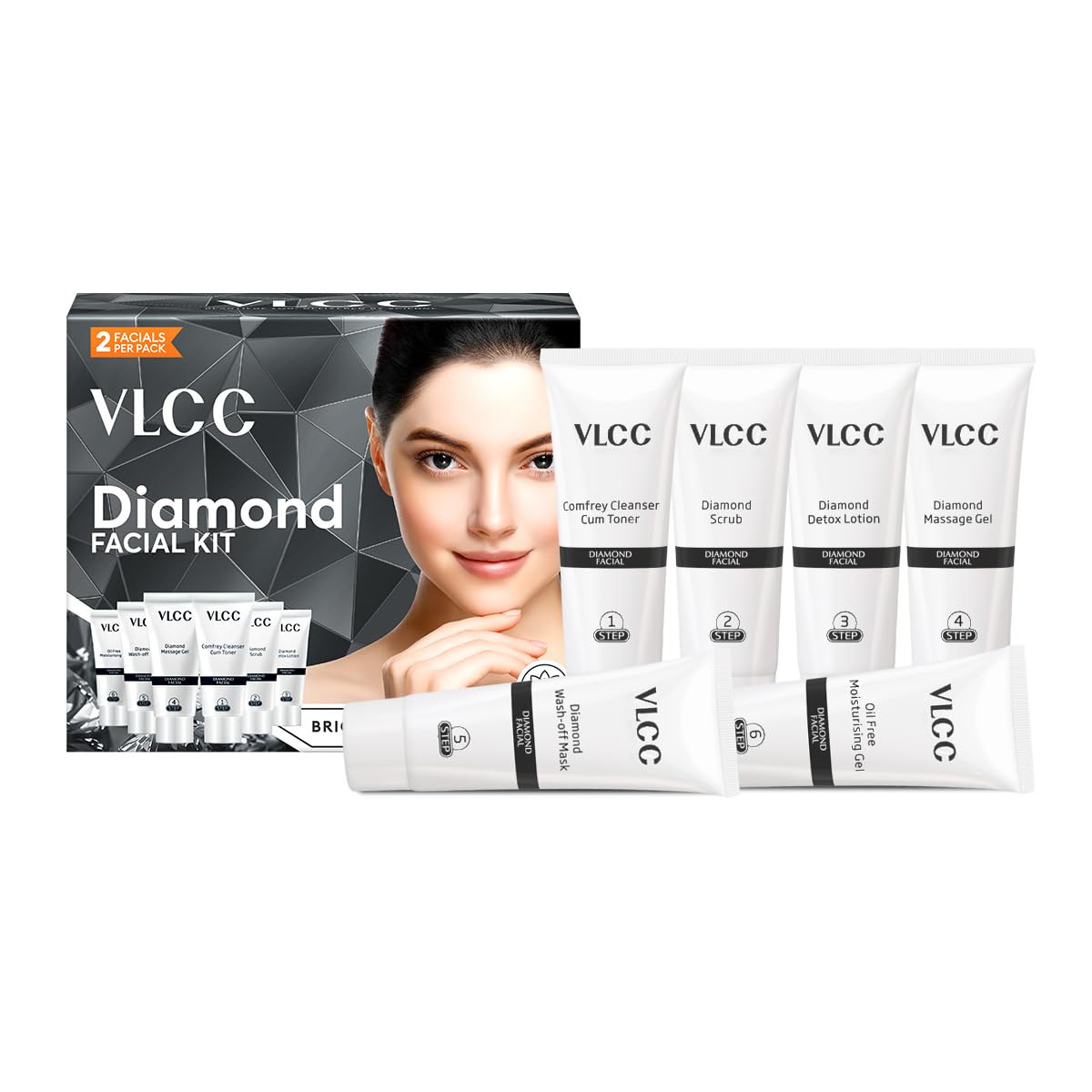 VLCC Diamond Facial Kit - 60g | Skin purifying with Parlour Glow | Improves Elasticity, Brightens and Lightens Patchy Damaged Skin | With Colloidal Diamond, Jojoba Oil, Olive Oil & Aloe Vera.