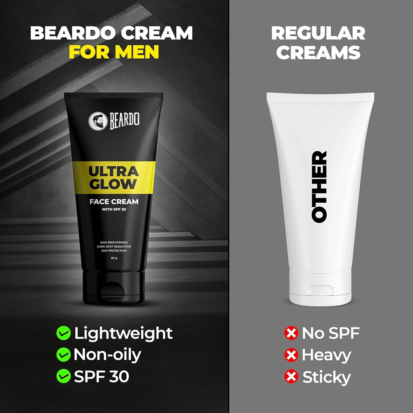 Beardo Ultraglow All in One Face Cream For Men with SPF 30, 60g | Aloe Vera With Vitamin E and Niacinamide for Skin Brightening & Dark Spots Reduction