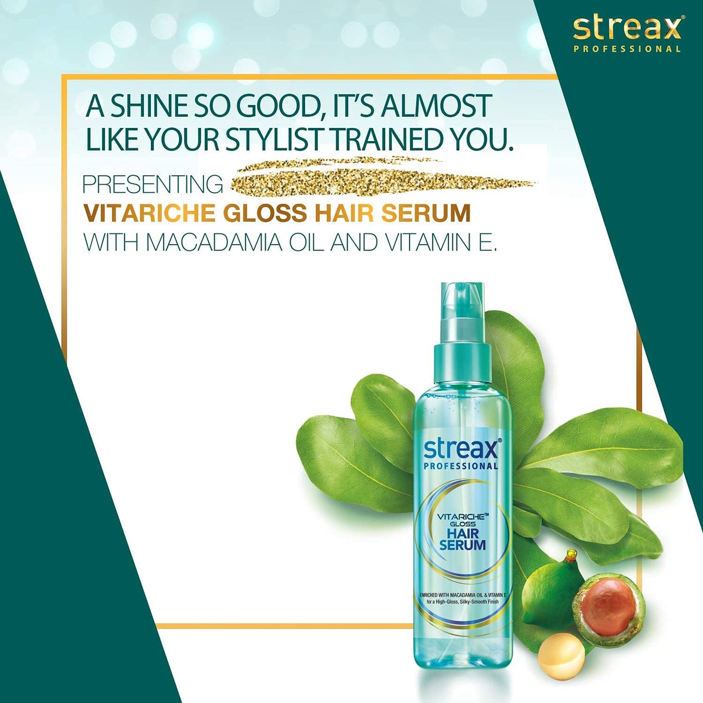 Streax Professional Vitariche Gloss Hair Serum, 200ml|for Dry Frizzy Hair|for Women|Enhance Shine and Smoothness, Anti Frizz |With Vitamin E & Macadamia Oil| For Curly Hair, Straight Hair, Wavy Hair