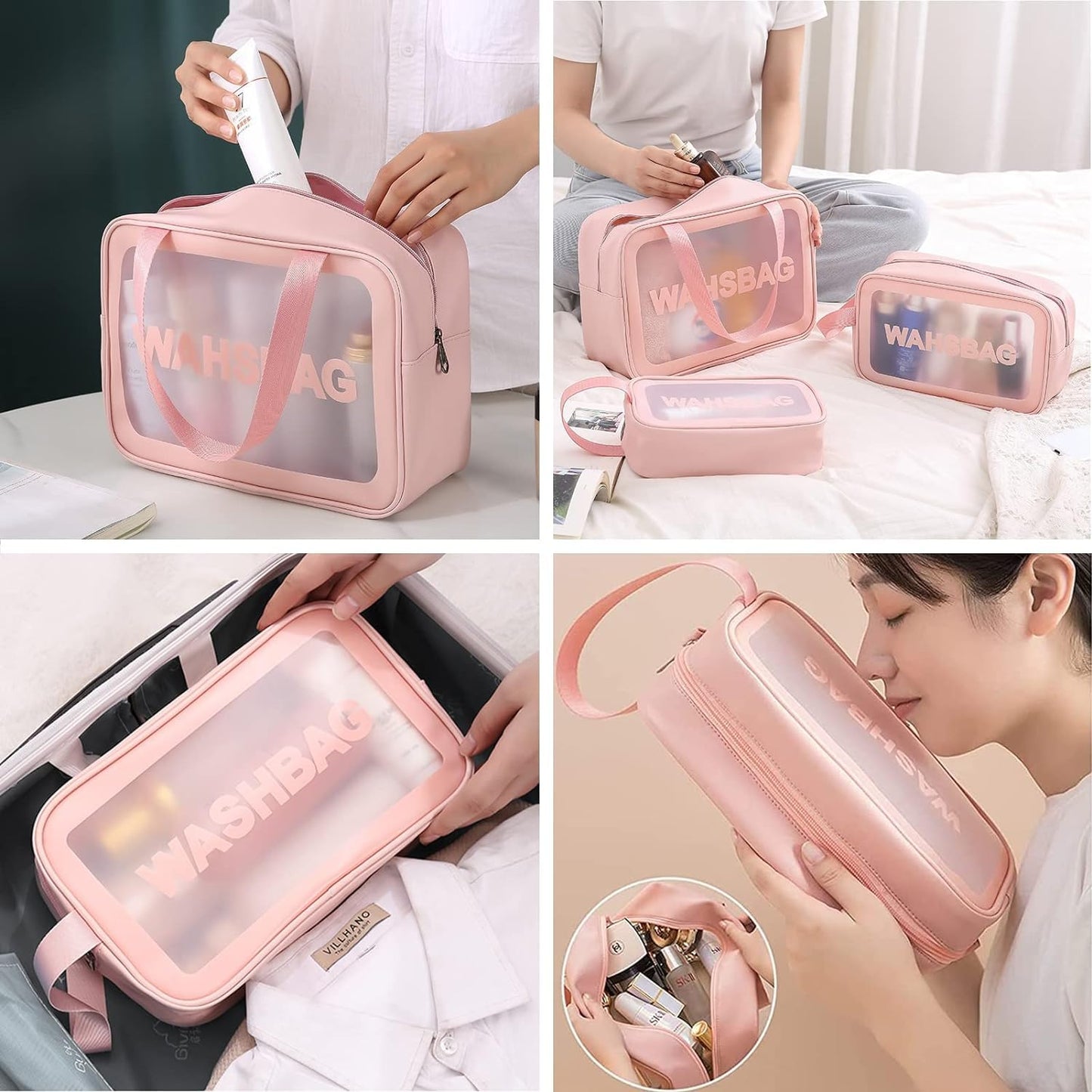 Niwlix Makeup Pouch Travel Toiletry Bag for Women Travel Pouch Cosmetic Makeup Bag Transparent Pouches for Women Set of 3 (Pink)