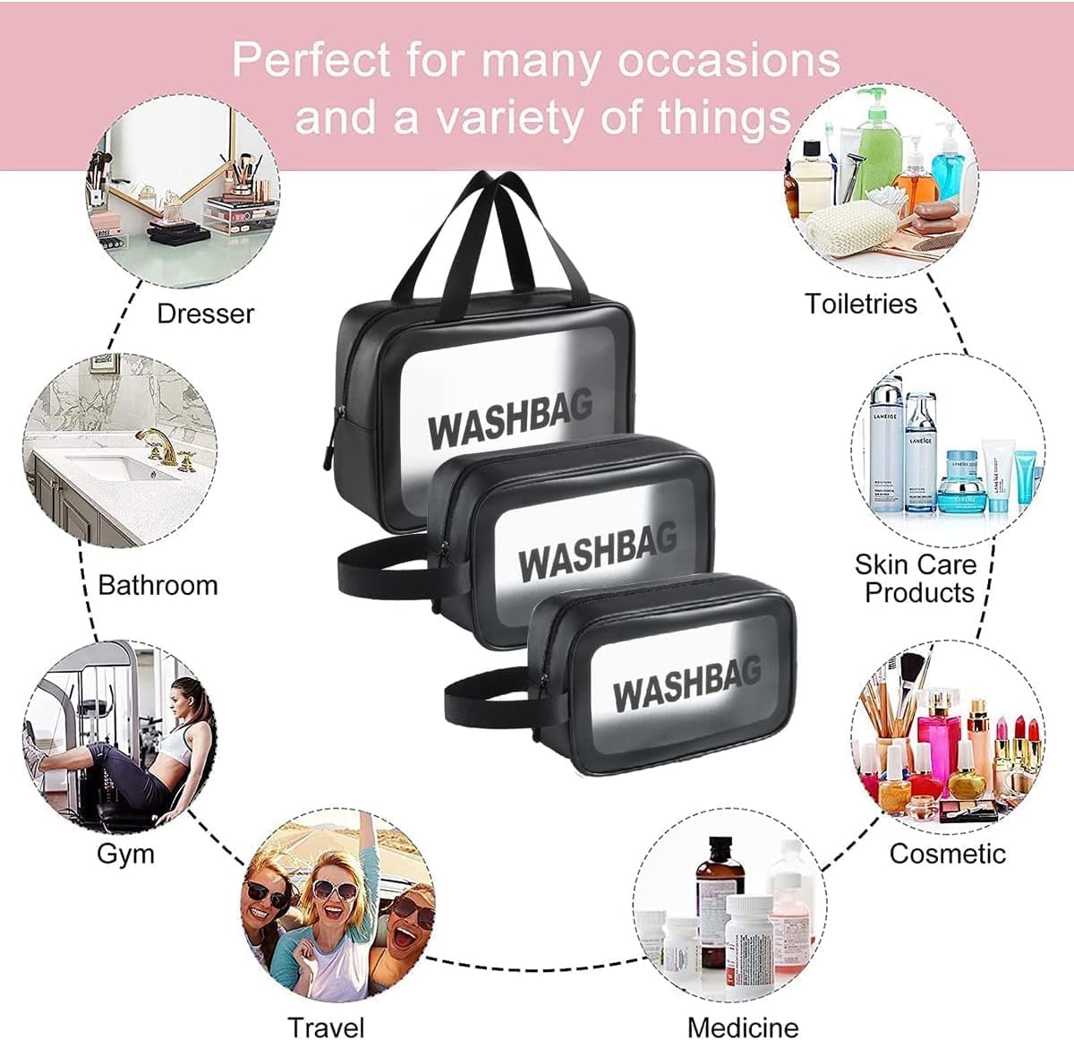 Niwlix Makeup Pouch Travel Toiletry Bag for Women Travel Pouch Cosmetic Makeup Bag Transparent Pouches for Women Set of 3 (Pink)