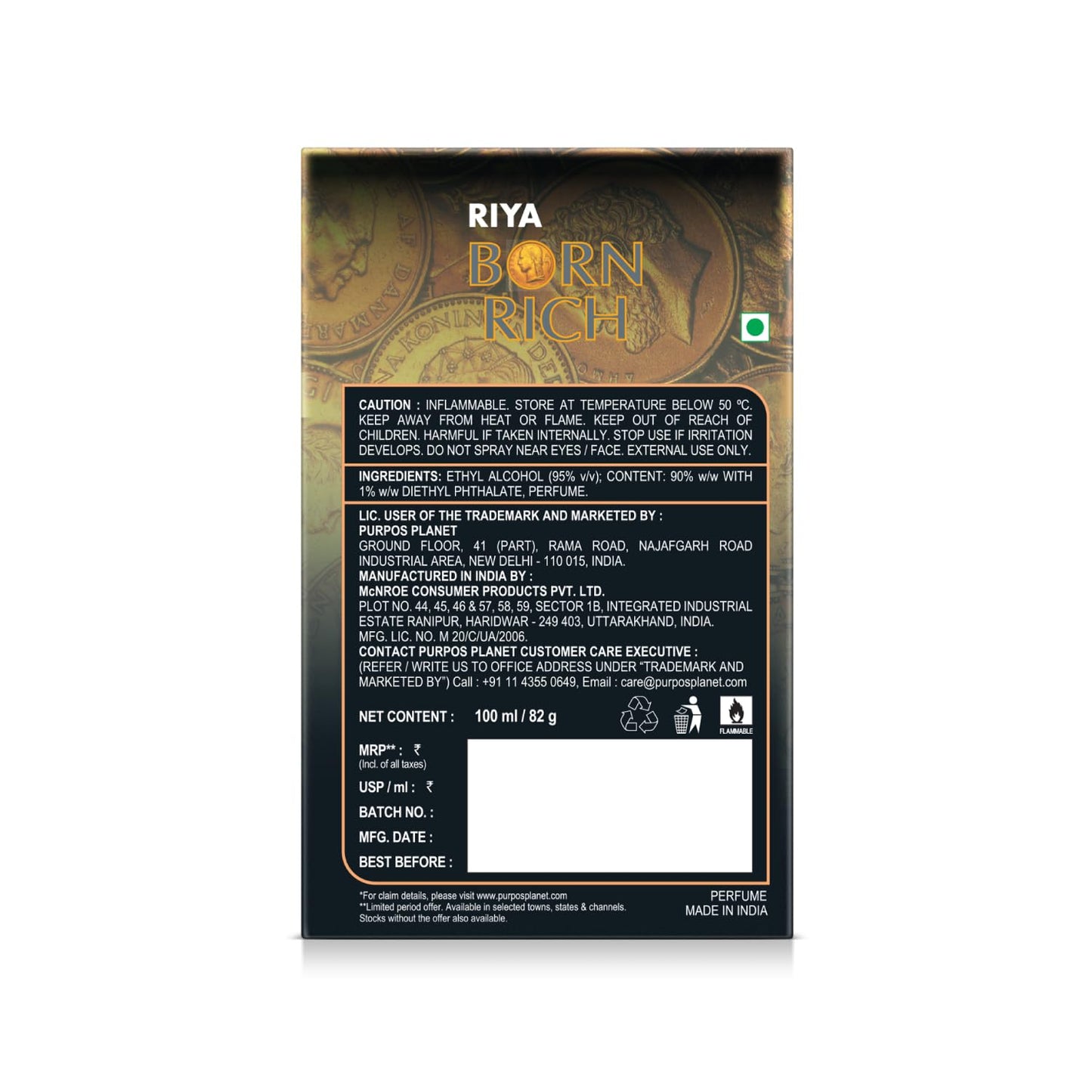 Riya Born Rich By Riya For Men Eau De Parfum Spray Citrus Woody 100 Ml Mild Fragrance Long Lasting Fragrance/Luxurious Vogue Scent