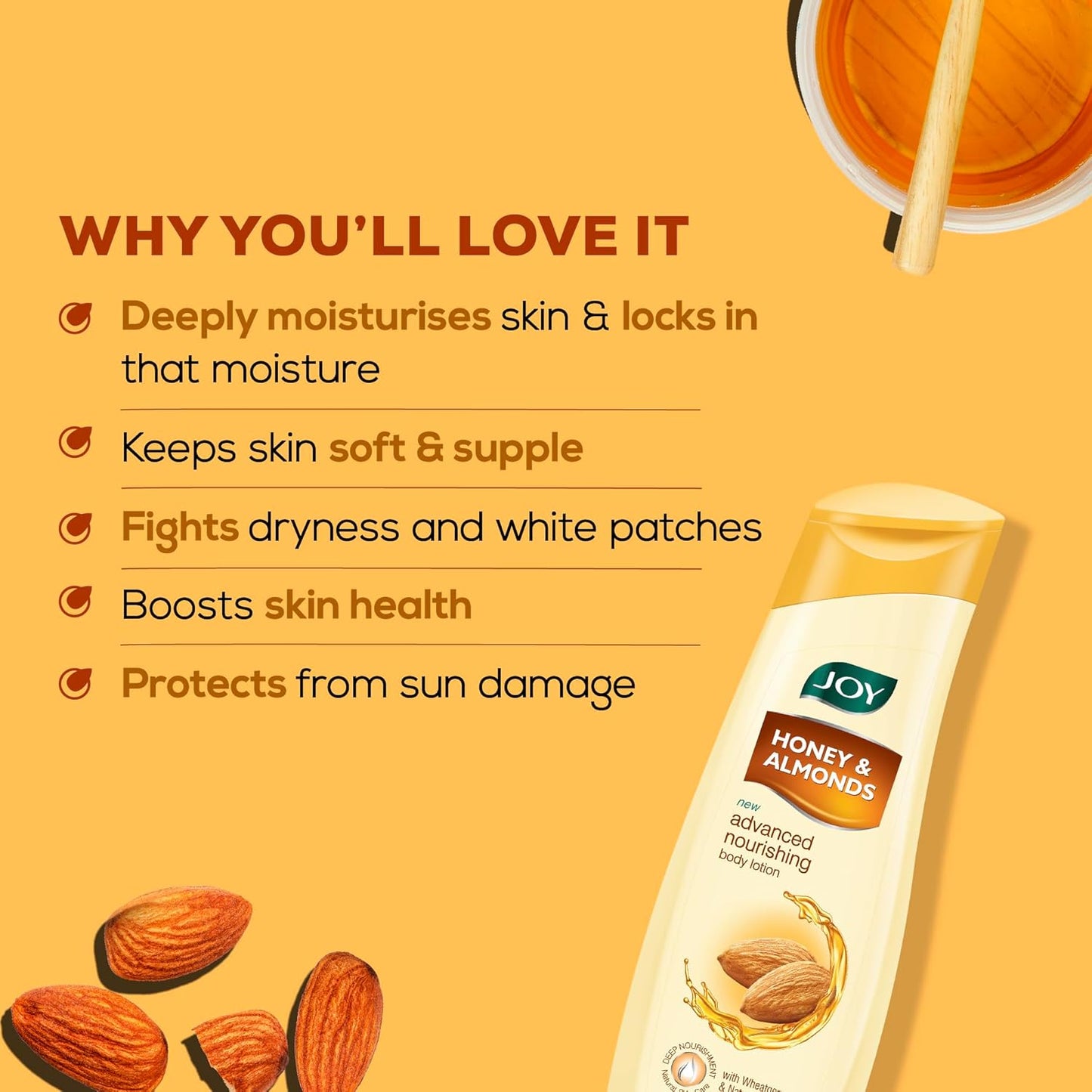 Joy Honey & Almonds Advanced Nourishing Lightweight Body Lotion 750ml | Enriched With Shea Butter | Summer Lotion With Natural Sunscreen Filters | Suitable for Normal to Dry Skin