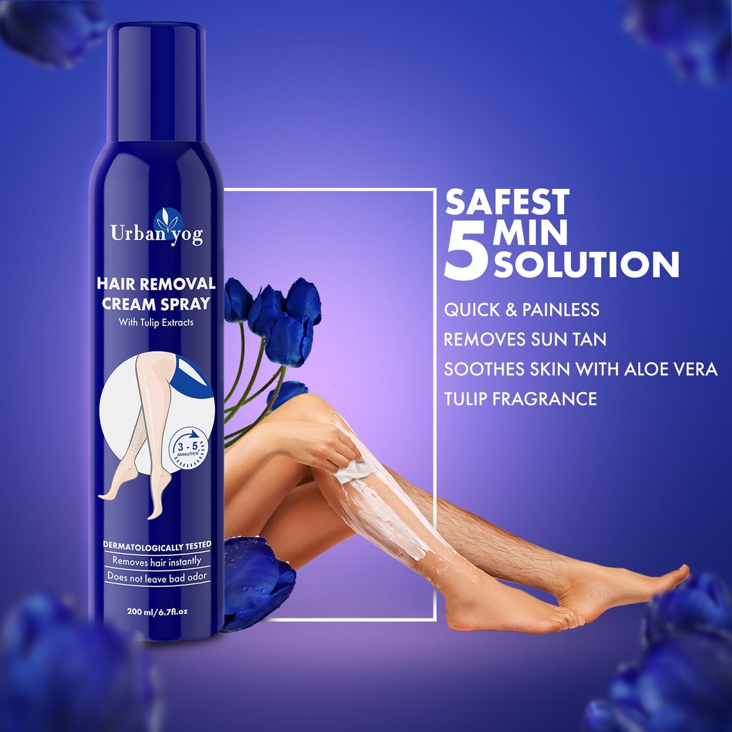 Urban yog Hair Removal Cream Spray for Women | Painless Body Hair Removal Spray for legs, hands, underarm & back (200 ML, Tulip (Blue))