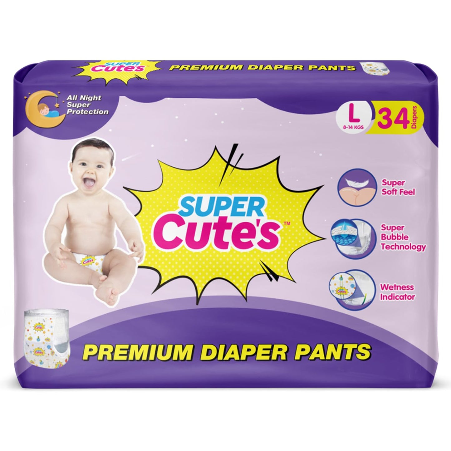 Super Cutes Premium Baby Diapers L Size 30 Count 9-14Kg,Medium34 counts,Small 40counts, XL 24 Counts , Super Soft and Rash Free Diaper Pants with 12 hrs Overnight Leakage Protection