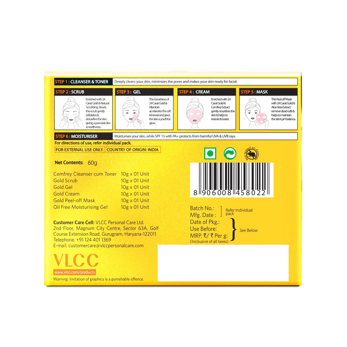 VLCC Gold Facial Kit, Bright & Glowing Skin - 60g | Pamper your Skin for a Luminous Glow | Parlour Glow with 24K Gold Bhasma, Rose Extracts, Turmeric & Aloe Vera.