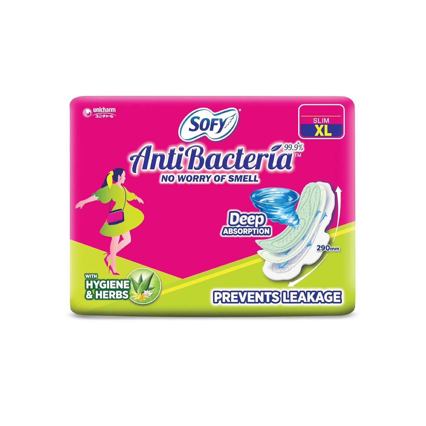 Sofy Anti-Bacteria Sanitary Pads (XL+ Size - 290 mm) 28 Pads - 6 layer deep absorption & Herbal Shield for Bacterial Protection, Soft on skin with comfy dry top sheet (Pack of 1)
