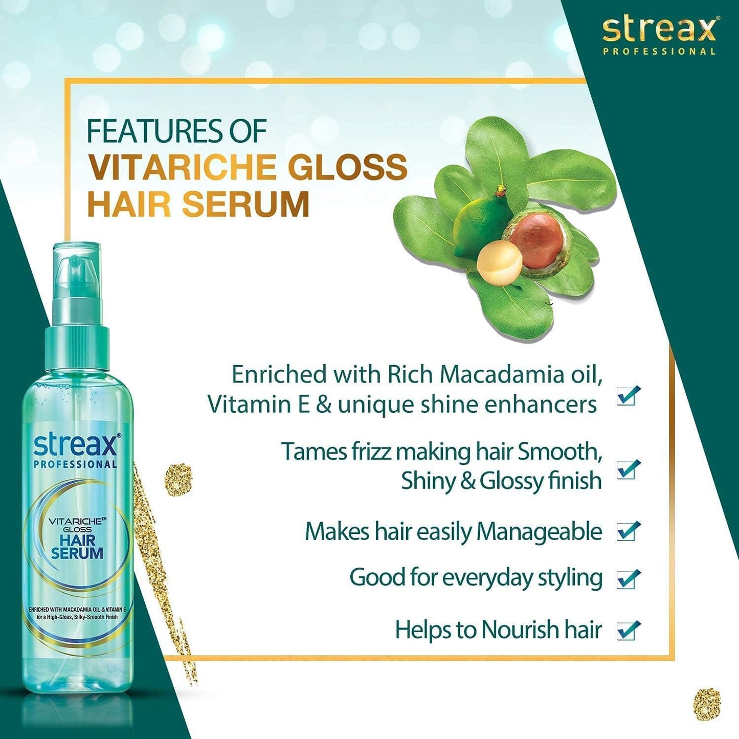Streax Professional Vitariche Gloss Hair Serum, 200ml|for Dry Frizzy Hair|for Women|Enhance Shine and Smoothness, Anti Frizz |With Vitamin E & Macadamia Oil| For Curly Hair, Straight Hair, Wavy Hair