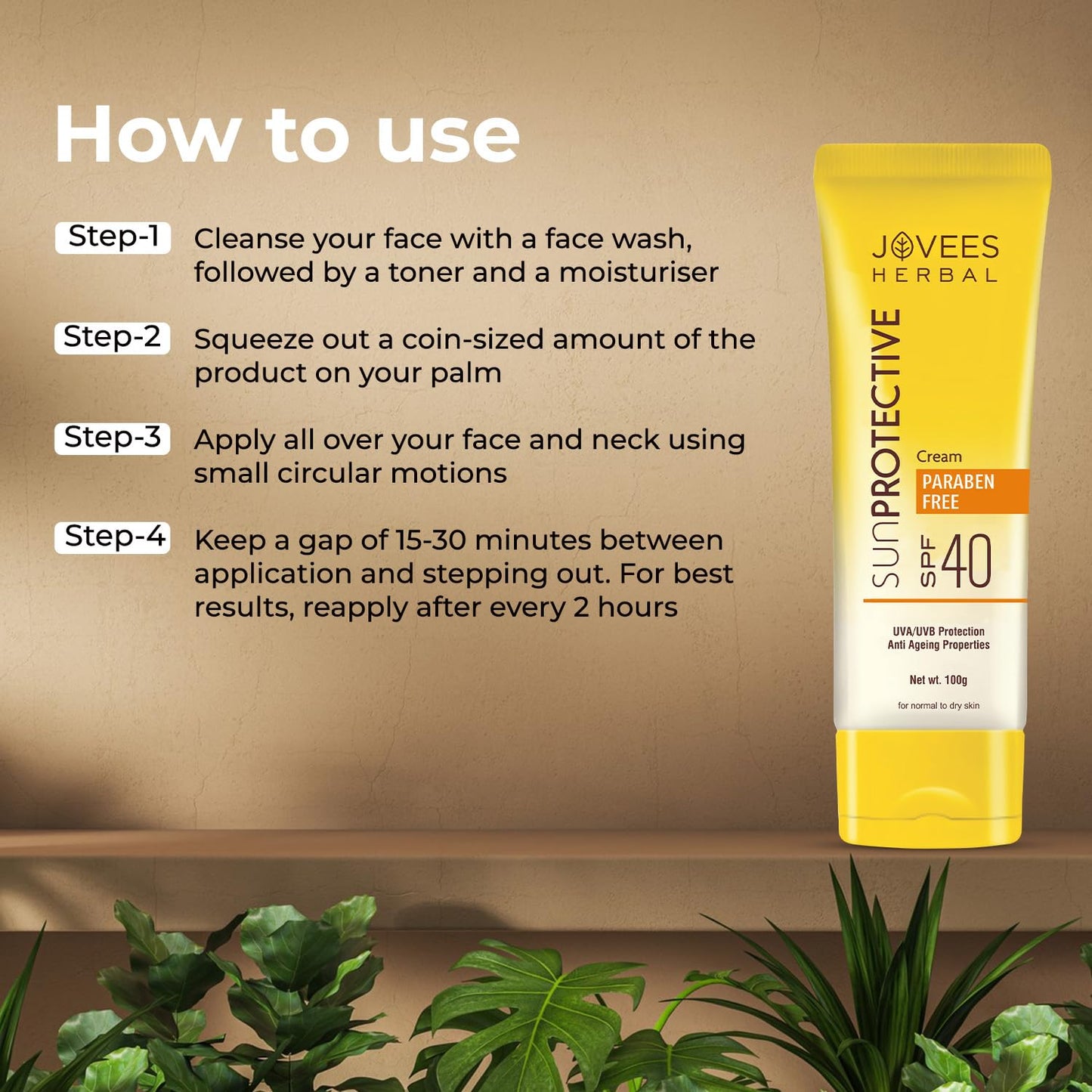 Jovees Herbal Sun Protective Sunscreen SPF 40 | Lightweight, Quick Absorbing and Oil Free - UVA/UVB Protection | Normal to Dry Skin Type | Paraben & Alcohol Free 100g
