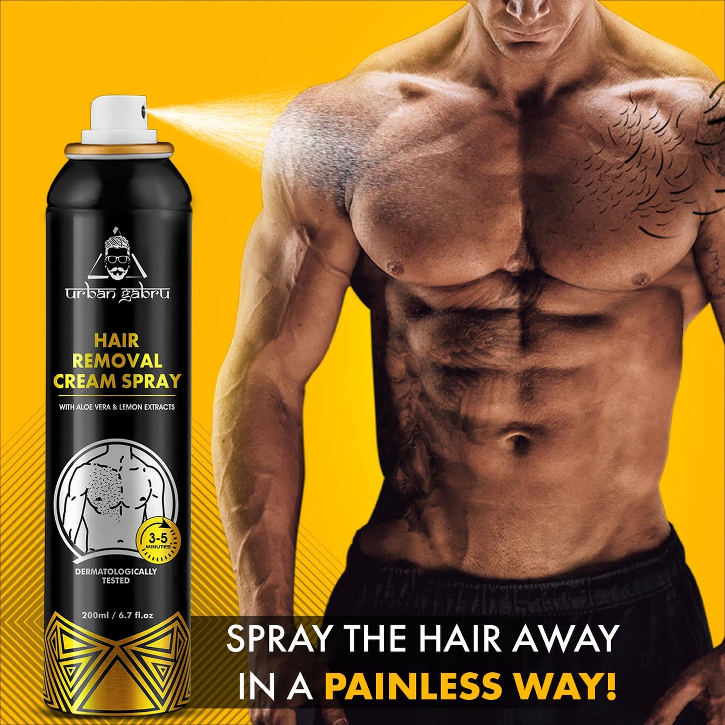 urbangabru Hair Removal Cream Spray For Men| Painless Body Hair Removal Spray For Chest, Back, Legs & Under Arms (200 ml (Pack of 1), Aloe Vera)