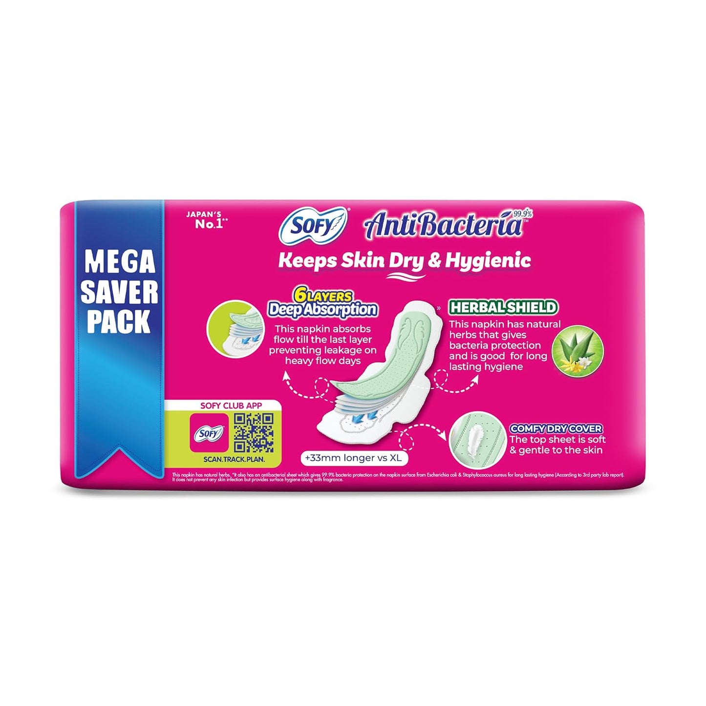 Sofy Anti-Bacteria Sanitary Pads (XL+ Size - 290 mm) 28 Pads - 6 layer deep absorption & Herbal Shield for Bacterial Protection, Soft on skin with comfy dry top sheet (Pack of 1)